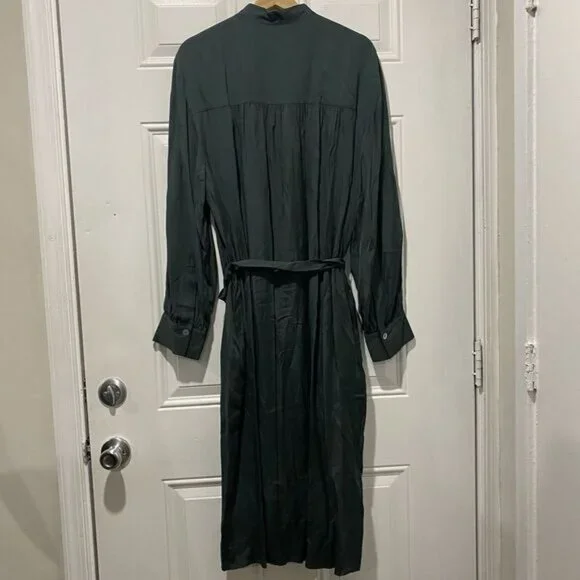 VINCE Women's  Silk Mandarin Collar Button Down Shirt XL Green Belt Pockets - Picture 2 of 10